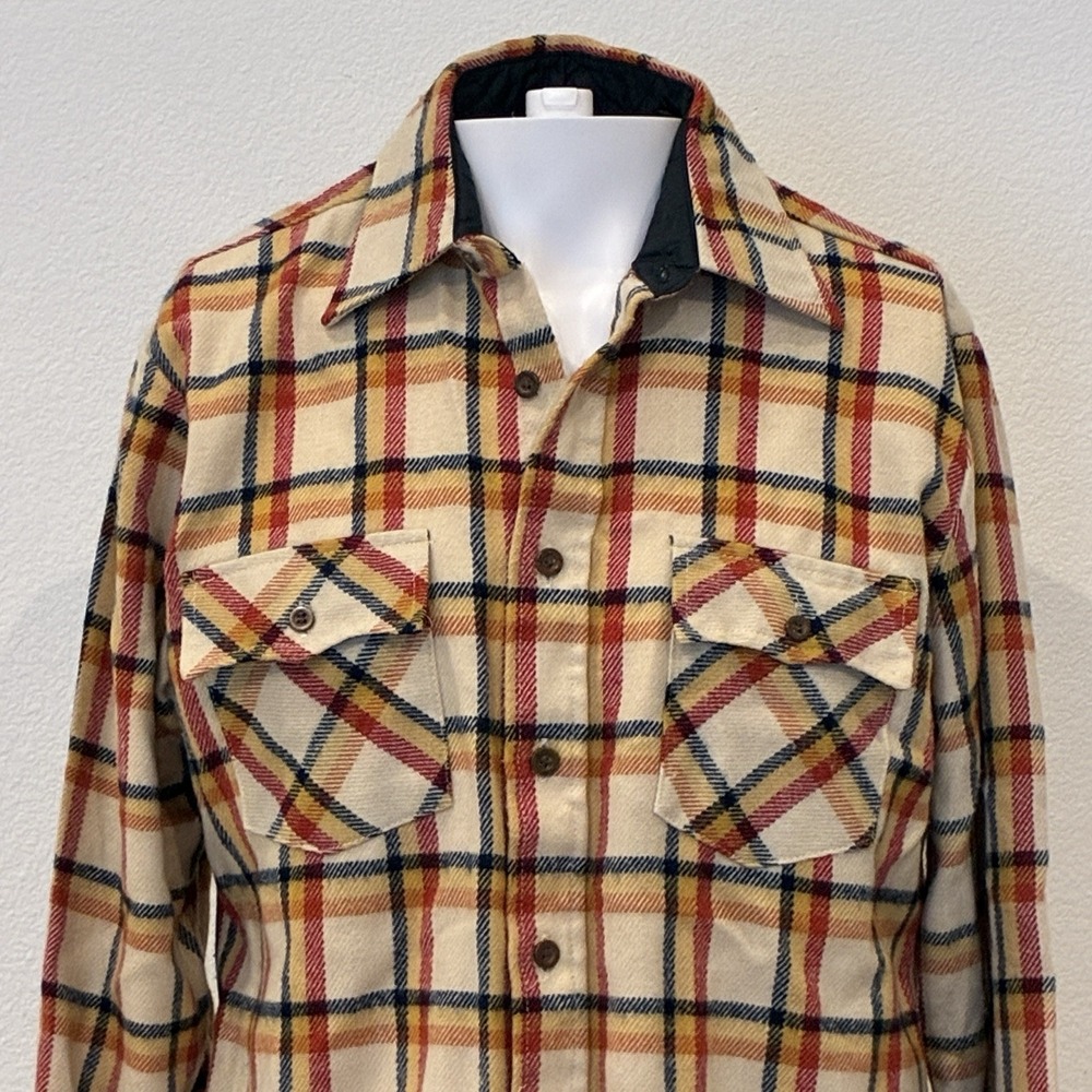 Vintage 70's David Harrison Flannel Shirt Mens Size M Cream Red Plaid Lined